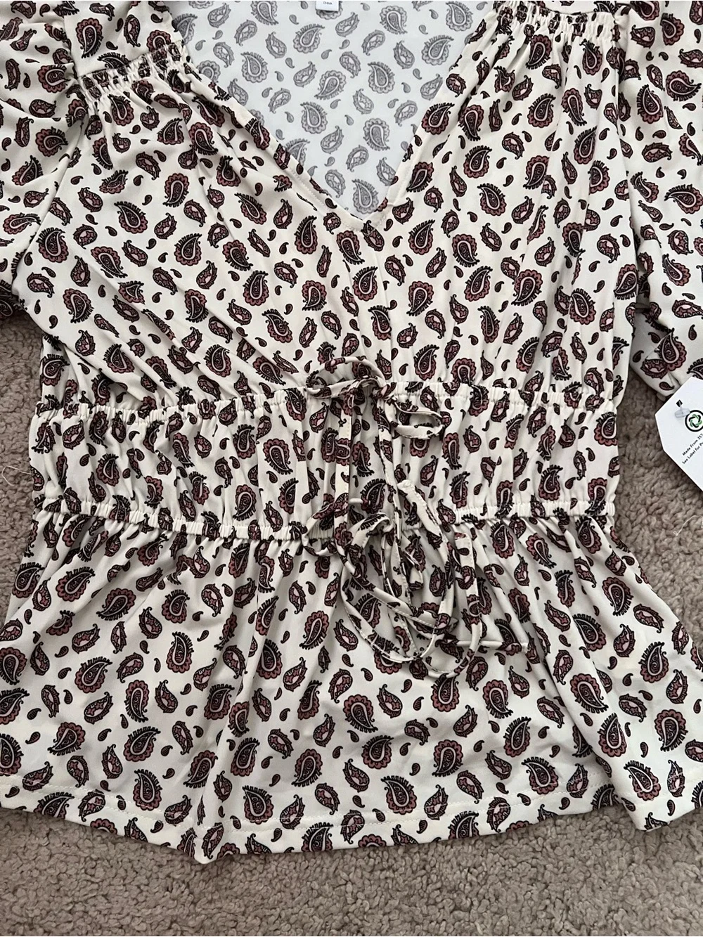 Time and Tru Cream Paisley V-Neck Peplum Top with Drawstring